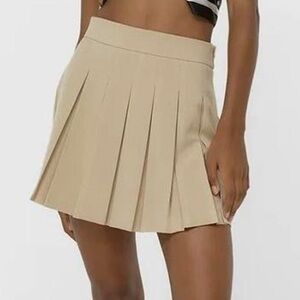Stradivarius Tan A-Line Pleated Skirt